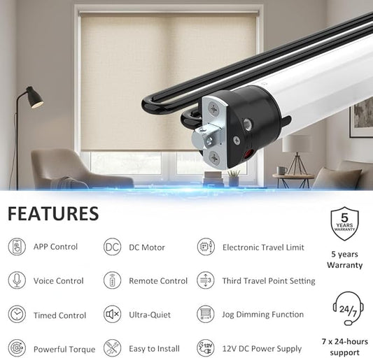 Tuya WiFi Smart Roller Shade Motor DC12V, High Torque Electric Blind Motor, Compatible with Alexa/Google Home, Retrofit Motorized Roller Blinds Kit (6.0 N.m for Φ50mm (2") Groove Tube)