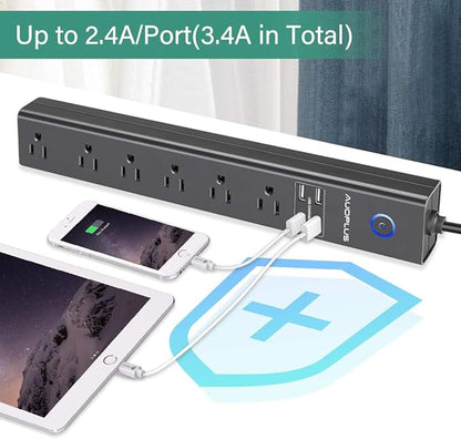AUOPLUS 10FT Surge Protector Power Strip, 6 AC Outlets with 4 USB Ports, Long Extension Cord Flat Plug(1250W/10A/2100J) Wall Mount Power Strips for Computer Home Office Dorm - Black