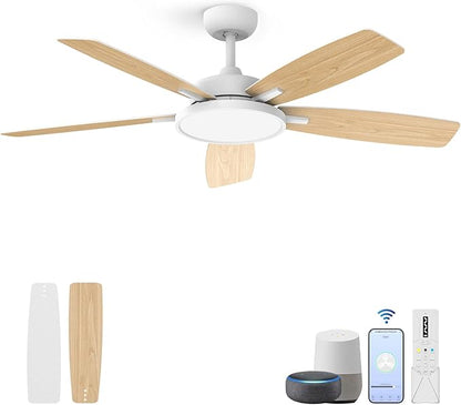 Roomratv 52 Inch Smart Ceiling Fan Compatible with App/Alexa/Google home | White,Beep-Off ,Ultra Quiet,Bright and Dimmable Led Light,Energy saving,Reversible,Remote Control