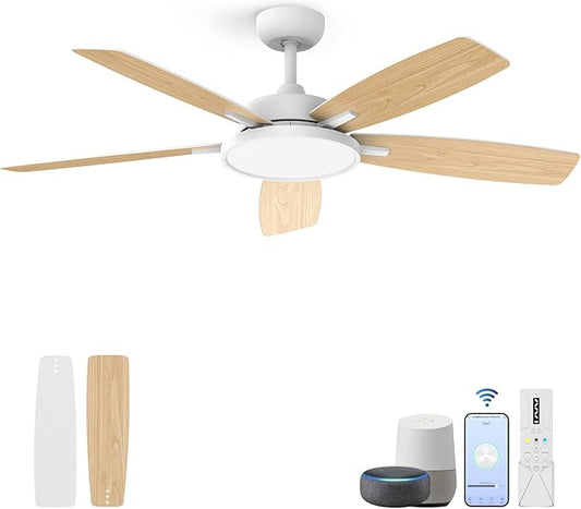 Roomratv 52 Inch Smart Ceiling Fan Compatible with App/Alexa/Google home | White,Beep-Off ,Ultra Quiet,Bright and Dimmable Led Light,Energy saving,Reversible,Remote Control