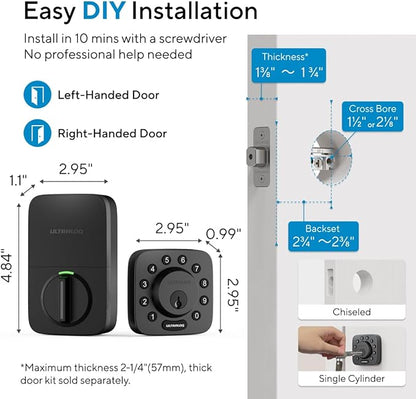 ULTRALOQ U-Bolt WiFi Smart Lock with Door Sensor, Built in Wi-Fi Keypad Deadbolt Lock for Front Door, Remote Control, Auto-Lock, Compatible with Alexa, Google, SmartThings, Easy Install, Matte Black