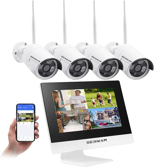 2K Wireless Security Camera System, All-in-One with 10" LCD Monitor, 4pcs 3MP Outdoor WiFi IP Cameras, Two-Way Audio, Easy Setup, Night Vision, APP Remote View, Motion Alert (No Hard Drive)
