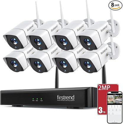 (2026 New) Firstrend WiFi Wireless Security Camera System, 8Ch NVR with 8 CCTV Bullet Cameras & 3TB HDD, AI Human Detection, 2-Way Audio, IP66 Waterproof, H.265, 24/7 Recording