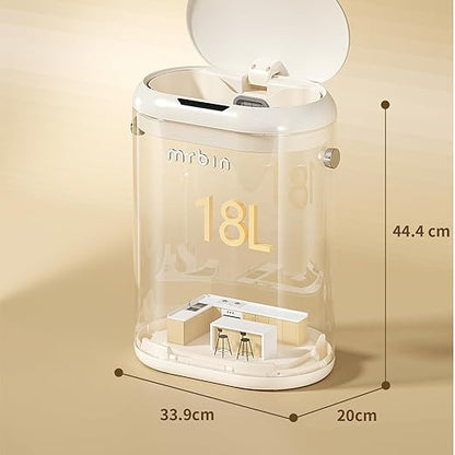 MRBIN Automatic Adsorption Metal Trash Can for Bathroom, Touchless Garbage Bin with Lid, 4.8 Gallon Slim Trash Can for Office and Bedroom, Kitchen Electric Motion Sensor Waste Basket, Cream White