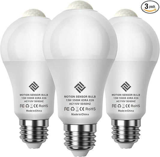 7117 Motion Sensor Light Bulbs, 13W (100Watt Equivalent), Motion Activated Dusk to Dawn Security LED Bulb, A19 E26 5500K Daylight, for Indoor and Outdoor Lighting, 3Pack (5500K)