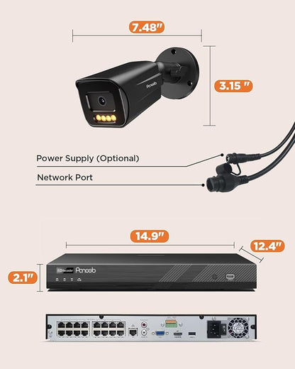 4K Security Camera System 16 Channel, 16CH NVR 4TB HDD, 12PCS 8MP PoE Commercial IP Bullet Cameras, Smart Color Night Vision, 2 Way Audio, Human Vehicle Detection, Remote Access, PB65B1216-8MD