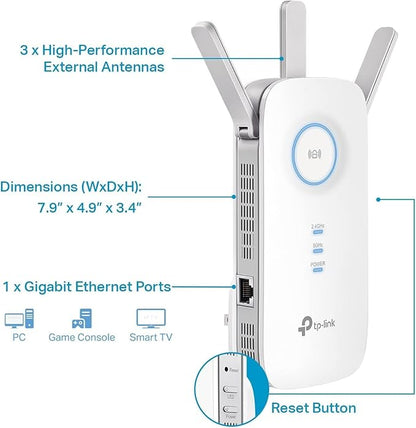 TP-Link AC1900 WiFi Range Extender RE550 | Dual-Band Wireless Repeater Amplifier w/Gigabit Ethernet Port | Up to 2200 Sq. Ft., 32 Devices | Internet Signal Booster | APP Setup | EasyMesh Compatible