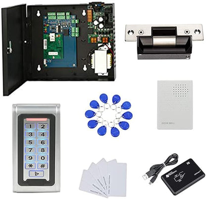 Waterproof Metal Keypad Reader Standard North American Strike Lock TCPIP 1 Door Access Control System 110-240V Power Box +RFID Key Fob/Card