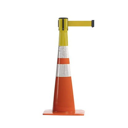 Trafford Industrial 11 Ft. Cone-Mounted Retractable Belt Barrier Orange Case with Yellow Belt