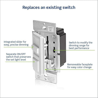 Leviton IllumaTech Dimmer Switch for Dimmable LED, Halogen and Incandescent Bulbs, IPL06-10Z, White with Ivory and Light Almond Faceplates