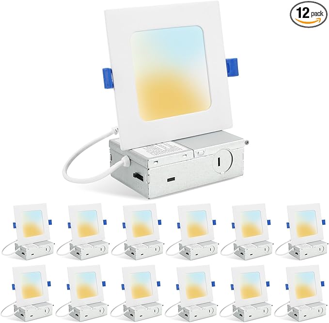 HONZIN 12 Pack 6 Inch Square Recessed Lighting, 5CCT Ultra Thin Square Recessed LED Downlight with Junction Box, 2700K/3000K/3500K/4000K/5000K Selectable, Dimmable,15W, Canless IC Rated, White Trim