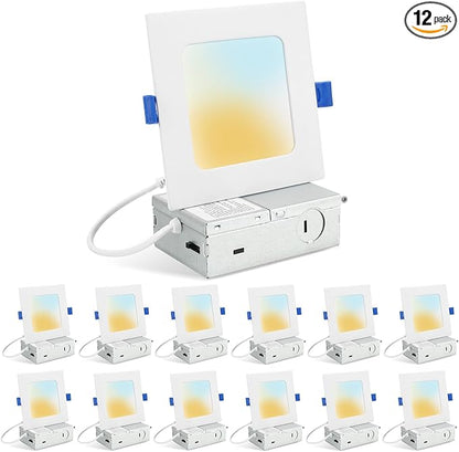 HONZIN 12 Pack 6 Inch Square Recessed Lighting, 5CCT Ultra Thin Square Recessed LED Downlight with Junction Box, 2700K/3000K/3500K/4000K/5000K Selectable, Dimmable,15W, Canless IC Rated, White Trim