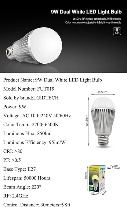 LGIDTECH FUT019 Miboxer 9W LED Light Bulb WW+CW Warm White+Cool White Color Dual White CCT Temperature Adjustable,Memory Function