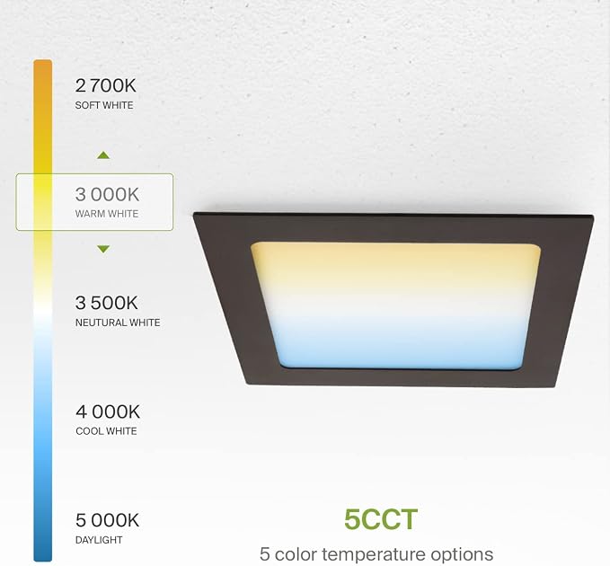 ASD 12 Pack LED Square Recessed Lighting 6 Inch, 5 CCT 2700K-5000K, 15W 60W Eqv, Ultra Thin Dimmable Ceiling Lights with J Box, Canless Wafer Downlight, Slim Panel, UL Energy Star, Oil-Rubbed Bronze