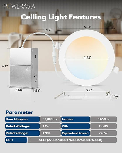 POWERASIA 6 Pack 6 Inch LED Recessed Lights with Junction Box, Recessed Lighting 6 Inch 5CCT Dimmable 2700K-6000K,15W 1200lm Canless Downlight-ETL and Energy Star Certified