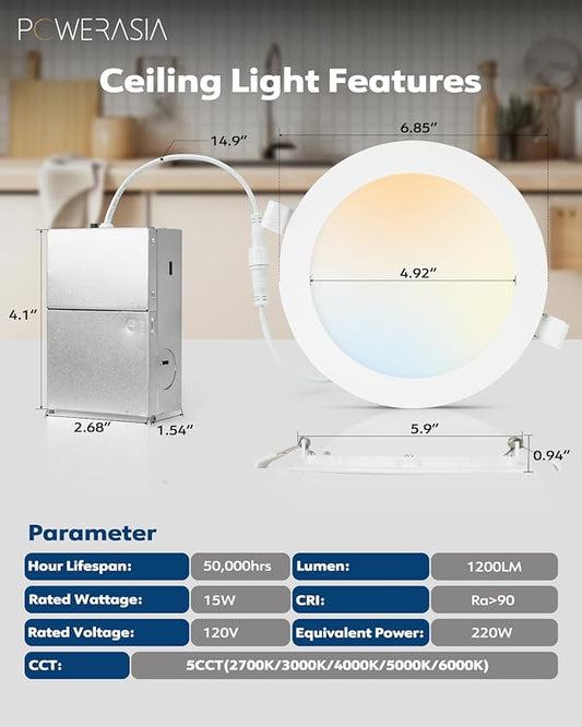 POWERASIA 24 Pack Recessed Lighting 6 Inch with Junction Box, 5CCT 6 Inch LED Recessed Lights Dimmable 2700K-6000K, 15W 1200lm Ultra Thin Recessed Lighting - ETL and Energy Star