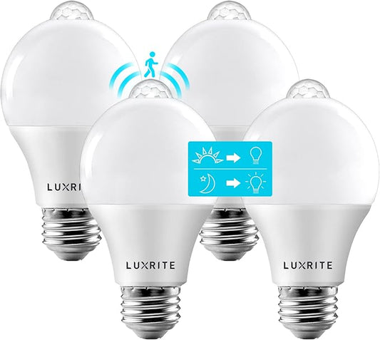 LUXRITE A19 LED Motion Sensor Light Bulbs, 60W Equivalent, Motion Activated Dusk to Dawn Sensor, 5000K Bright White, 800 Lumens, Security Light Bulb, Indoor/Outdoor, UL Listed, E26 Base (4 Pack)