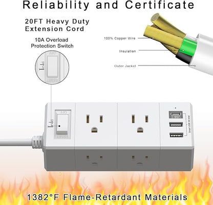 20Ft Extension Cord Flat Plug Power Strip - Tcstei 3-Side Outlet Extender with 6 AC Outlets and 3 USB Ports (1 USB C), Compact for Home, Office, Dorm Room Essentials, White