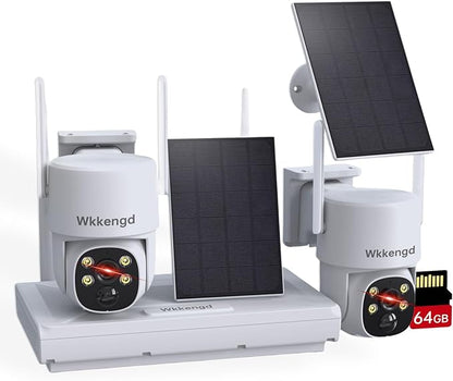 3MP F1.0 Aperture True Full Color Night Vision 2-Cam Kit 5G/2.4G WiFi Home Security PTZ Cameras with Solar Panel, Surveillance Recorder System