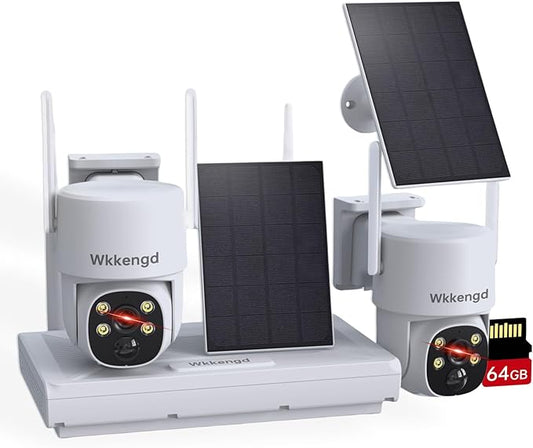 3MP F1.0 Aperture True Full Color Night Vision 2-Cam Kit 5G/2.4G WiFi Home Security PTZ Cameras with Solar Panel, Surveillance Recorder System