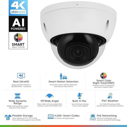 DahuaSecurity 4K 8MP PoE IP Camera, Outdoor Surveillance Dome Camera with Human Vehicle Detection, Home Camera IR Wired Cam with 98ft Night Vision IK10/IP67 (Dome-FB-8MP-a)