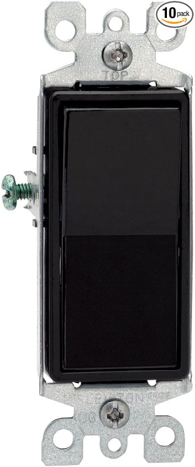 Leviton 15 Amp, 120/277 Volt, Decora Rocker Single-Pole AC Quiet Switch, Residential Grade, Grounding, 10 Pack, 5601-2E, Black