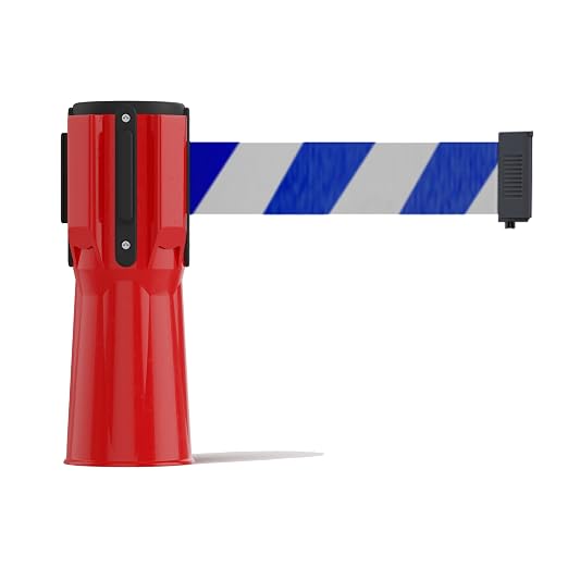 Trafford Industrial 11 ft Cone-Mounted Retractable Belt Barrier Red Case with Blue and White Diagonal Belt