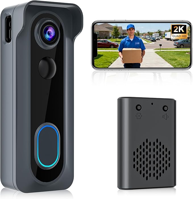 Doorbell Camera Wireless with Chime -2K HD Video AI Motion Detection, Two - Way Audio, Night Vision, Cloud Storage,Battery Powered - Compatible with Alexa, 2.4G WiFi Only