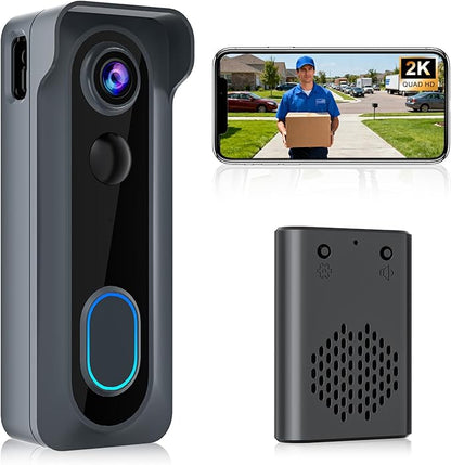 Doorbell Camera Wireless with Chime -2K HD Video AI Motion Detection, Two - Way Audio, Night Vision, Cloud Storage,Battery Powered - Compatible with Alexa, 2.4G WiFi Only