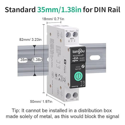 TONGOU Zigbee 3.0 Smart Switch| 1‑63A Adjustable DIN Rail 1P+N| Support Tuya/Smart Life Remote Control| Over-Current Protection| Smart Home Real-time Energy Monitoring| Voice Control| FCC Certified