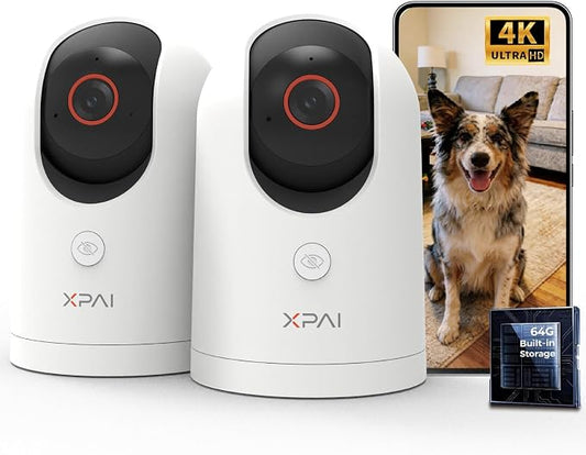 4K UHD Indoor Camera, 64G Built-in Storage No Subscription,Pet Camera Indoor with Phone App,Work as Baby Monitor/Cat/Dog Camera,360°Pan&Tilt,Two-Way Talk,Privacy Mode,AI Tracking/Detection,2-Pack