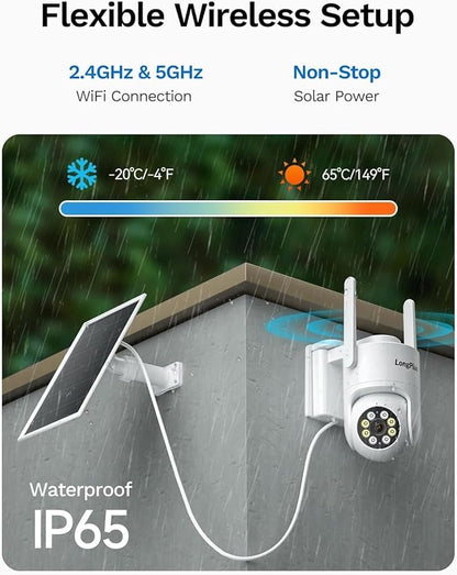 Solar Security Cameras Wireless Outdoor: 2K 4MP AOV 24/7 Continuous Recording Security Camera Wireless, 2.4G/5G Dual Band WiFi Camera with SD Card, Solar Powered, Color Night Vision, 2-Way Talk