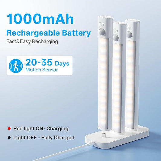Under Cabinet Lighting with Charging Station,Rechargeable Motion Sensor Light Indoor,LED Closet Lights,3 Colors Dimmable,Magnetic for Kitchen,Wardrobe,Bedroom,Drawer 6Pack
