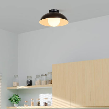 1-Light Matte Black Flush Mount Ceiling Light with White Opal Glass Shade | White Opal Glass Globe Shade, Wall or Ceiling Mount, Hallway or Entryway, Model 66000076