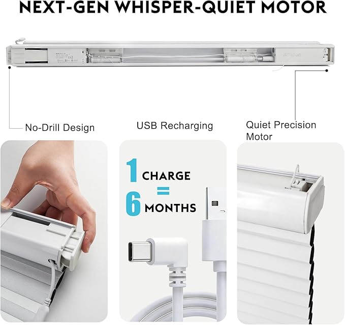 Custom Motorized Cellular Shades, Smart Honeycomb Blinds with Remote, 100% Cordless Thermal Blackout/Light Filtering Window Shades, No Drill Rechargeable Automatic Blinds for Indoor Windows