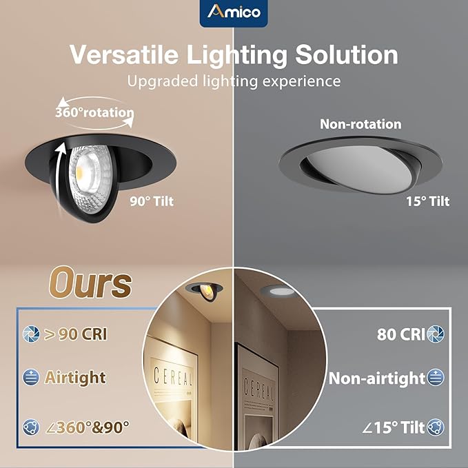 Amico 12 Pack 4 Inch 5CCT Gimbal LED Recessed Lighting, 360°&90°Adjustable Eyeball Directional Downlight, Dimmable, 2700K/3000K/3500K/4000K/5000K Selectable, 9W 700LM CRI90+, Black, ETL&FCC
