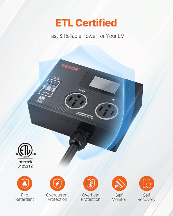 VEVOR NEMA Splitter for Dryer and EV, 3-Color LED Indicator, 240V Smart Power Distribution, with NEMA 14-50 Plug, Two NEMA 14-50 Outlets, 3.4 in LCD Screen, Max 40A Dryer EV, Tested to ETL Standard