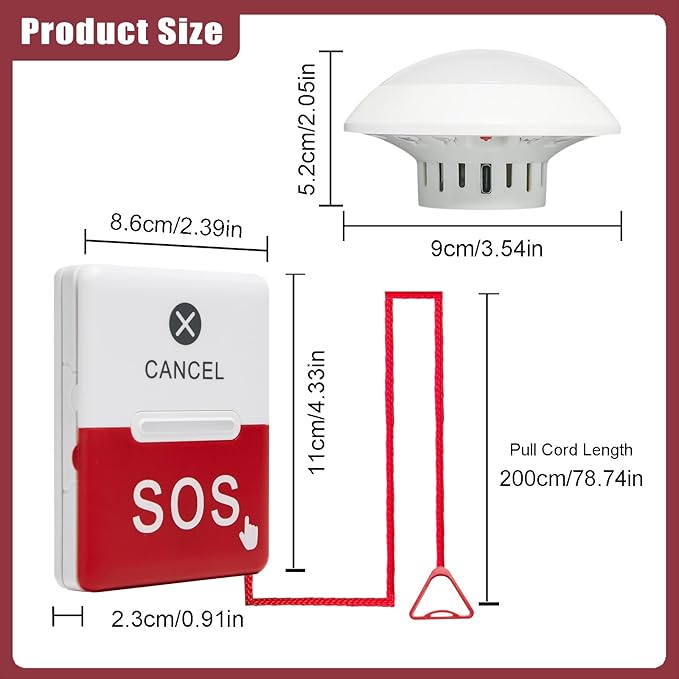 Wireless Emergency Call Button for Elderly, Bathroom Pull Cord Alarm with Strobe Light, 1 Home Care Receiver & 1 Help Button, Medical Alert System for Seniors, Disabled, Patients, Caregivers