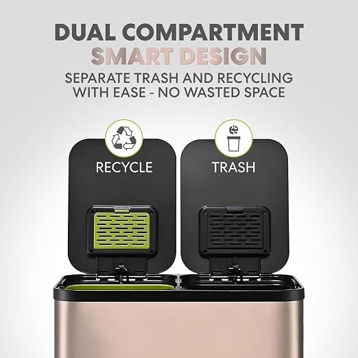 SIMPLI-Magic 60L / 16 Gallon Dual Compartment Kitchen Trash Can - Hands-Free Step Pedal, Soft-Close Lid, Stainless Steel Recycling Bin with Odor Control (30L + 30L)