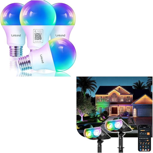 Linkind Matter Smart Light Bulb, Smart Bulbs Work with Apple Home, Siri, Alexa, Google Home, SmartThingsb Smart Solar Spotlight SL5C, Color Changing Landscape Lighting, APP/Voice Control Sol