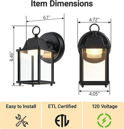 LIT-PaTH Outdoor LED Wall Lantern, Wall Sconce Exterior Porch Lighting Fixture, 3000K Warm White, 9.5W 800 Lumen, Aluminum Housing Plus Glass, Black Finish, 2-Pack