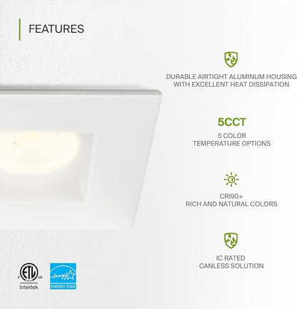 ASD 2 Inch LED Recessed Lighting with Junction Box, 15W 1100 Lumens, Dimmable Anti-Glare Downlight, 2700K/3000K/3500K/4000K/5000K Selectable, CRI 90+, Square White Trim, IC Rated, ETL, Energy Star