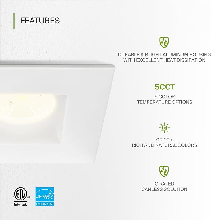 ASD 2 Inch LED Recessed Lighting with Junction Box, 15W 1100 Lm, Dimmable Anti-Glare Downlight, 2700K/3000K/3500K/4000K/5000K Selectable, CRI 90+, Square White Trim, IC Rated, ETL Energy Star, 18 Pack