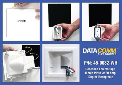 DATA COMM Electronics 45-0032-WH Commercial Grade Recessed AV/HDMI Cable Conceal Plate, 20 Amp Dual Power Receptacle, White – Low Profile, Large Cable Pass-Through, Secure Drywall Mounting