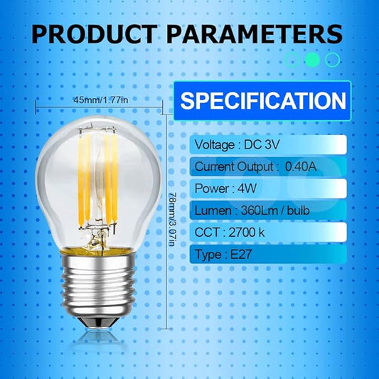 SOFOC G45 LED Bulb 3V DC E27 Base Outdoor Solar Lights Warm White 2700K Classic 4W Low Voltage Light 360LM High Color Rendering Vintage Edison Style Bulb No Dimmable 1Pcs