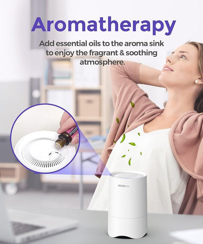 Rosekm Small Air Purifier with 1-Year Pack Replacement Filter, Personal Desk Mini HEPA Air Purifier, Room Air Freshener Cleaner for Pets, Smoke, Desktop, Office (White)