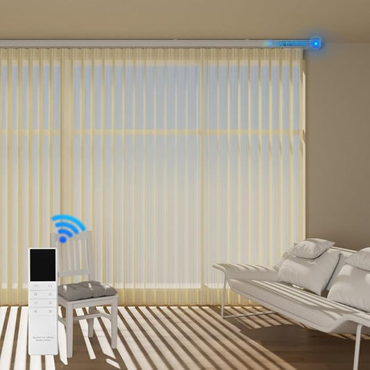 Motorized Sheer Vertical Blinds with Remote, Light Filtering Vertical Blind Sliding Door Blinds Remote Control Blinds for Sliding Glass Door Customize, Texture Beige