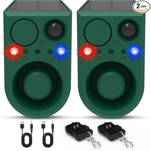 ChunHee Solar Outdoor Motion Sensor Alarm with 3Volume Control & Voice Recording, 129dB Loud Dog Barking Alarm with Red & Blue Strobe Light Noise Maker 4Work Modes for Chicken coop, Garden, Farm, Home