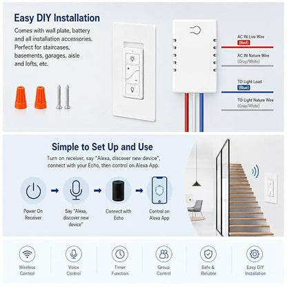 Nexete Smart Wireless Light Switch, Dimmer Switch & Receiver Kit No Wiring Wireless Remote Control,Remote & Voice Control,Bluetooth Work with Amazon Alexa Only, ETL Certified (1 Switch & 1 Receiver)