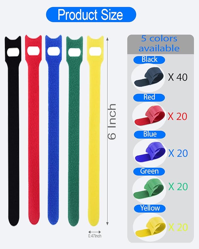 120 PCS 6 Inches Reusable Cable Ties, 5 Colors Adjustable Cord Organizer, Hook and Loop Wire Ties for Cable Management, Multi-Purpose Cord Wraps for Home, Office, and Desk